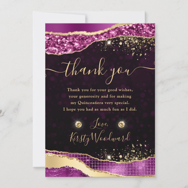 Carte De Remerciements Purple & Gold Parties scintillant Glam Tears Quinc (Devant)