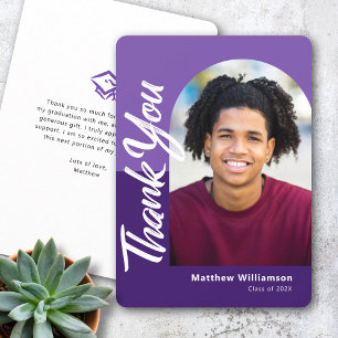 Carte De Remerciements Purple Graduation Photo Bold Arch Script Moderne