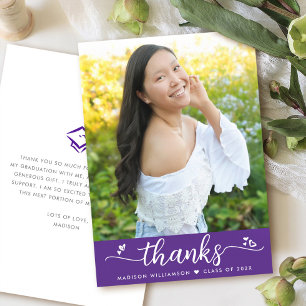 Carte De Remerciements Purple Graduation Photo Moderne Chic Script Coeurs