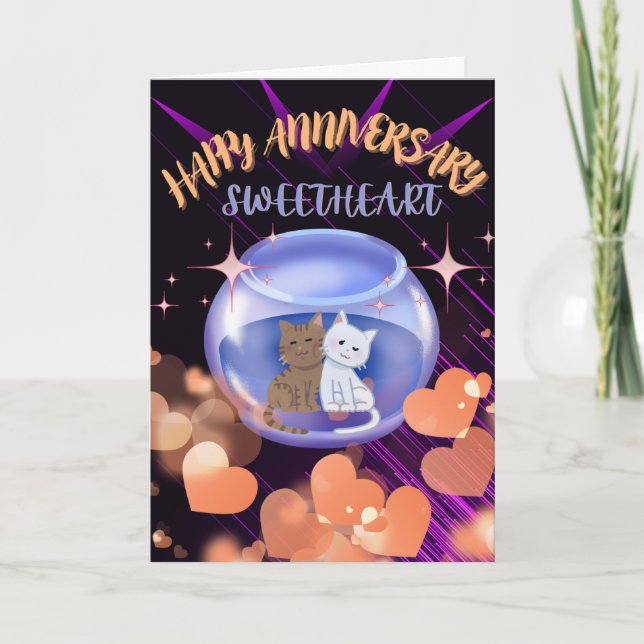 Carte De Remerciements Purple Moderne Neon Coeur Chat Anniversaire Mariag (Devant)