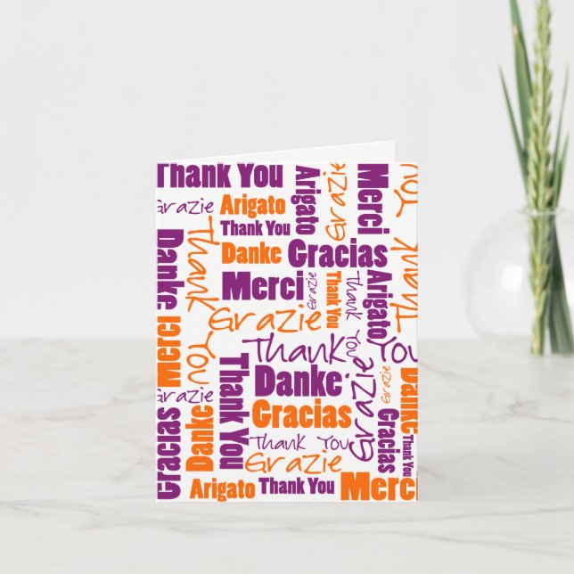 Carte De Remerciements Purple Orange Multilingual Word Cloud Typography (Devant)