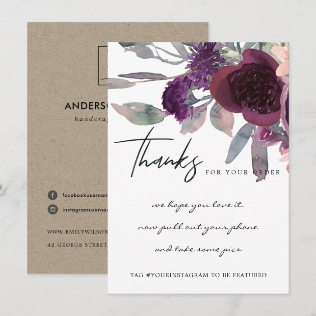 CARTE DE REMERCIEMENTS PURPLE PEACH MARSALA FLORA ENTREPRISE LOGO D'AFFAI (Devant / Derrière)