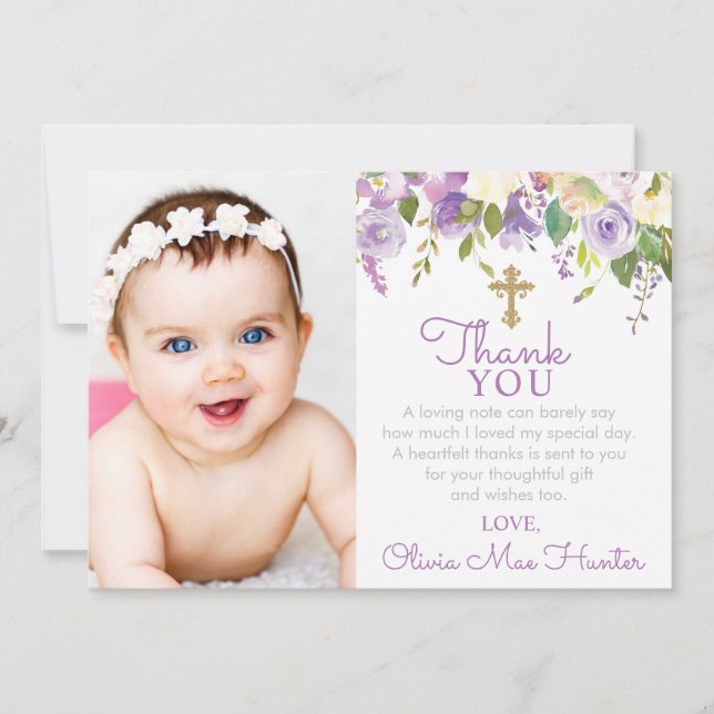 Carte De Remerciements Purple Peonies Girl Baptism Photo (Devant)