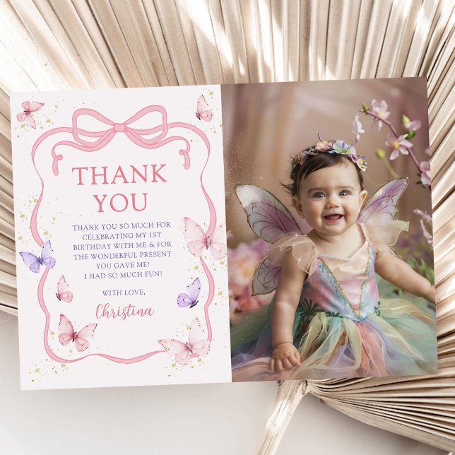 Carte De Remerciements Purple Pink Bow Butterfly Birthday Party Photo (Créateur téléchargé)