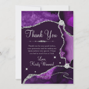 Carte De Remerciements Purple & Silver Faux Glitter Agate Quinceanera