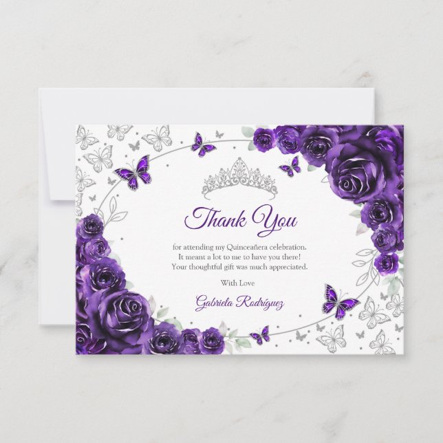Carte De Remerciements Purple Silver Floral Quinceanera (Devant)