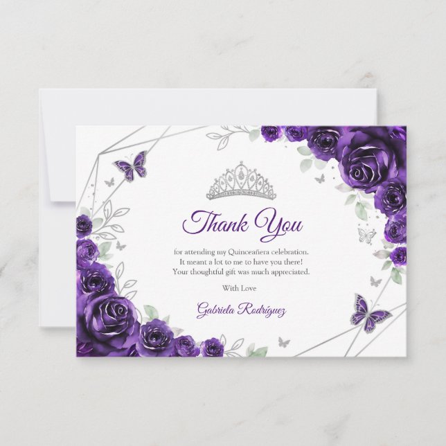 Carte De Remerciements Purple Silver Floral Quinceanera (Devant)