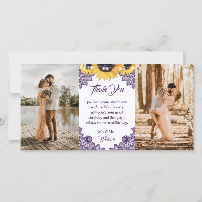Carte De Remerciements Purple Sunflower Floral Lace Photo Wedding (Devant)