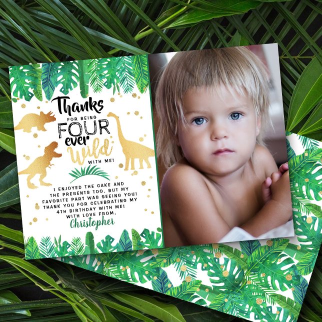 Carte De Remerciements Quatre Dinosaures Sauvages Boys 4e photo d'anniver (Créateur téléchargé)