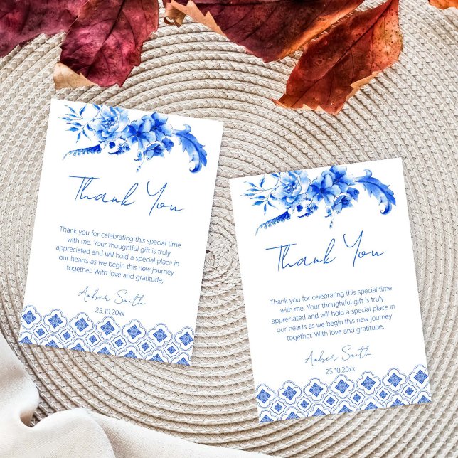 Carte De Remerciements Quelque chose de bleu avant de faire nuptiale douc (Something blue bridal shower thank you cards vintage blue tiles blue botanical florals thank you)