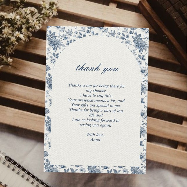 Carte De Remerciements Quelque Chose de Bleu Avant la Fête de Mariée Flor (thank you bridal shower card something blue before i do" chinoiserie victorian art foile blue)