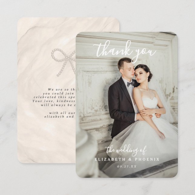 Carte De Remerciements Quiet Luxury Champagne Pearl Bow Wedding Photo  (Devant / Derrière)