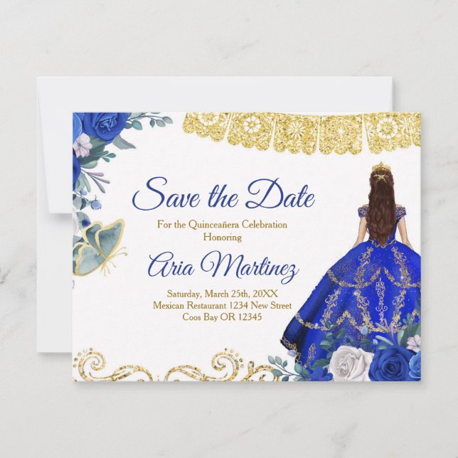 Carte De Remerciements Quinceañera 15 Ans Bleu Royal Save the Date (Devant)