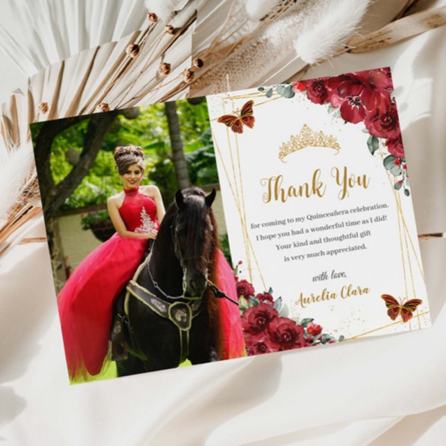 Carte De Remerciements Quinceañera Anniversaire Papillons Floraux Rouges  (red-flowers-floral-butterflies-gold-quinceanera-15-sweet-16th-birthday-photograph-picture-thank-you)