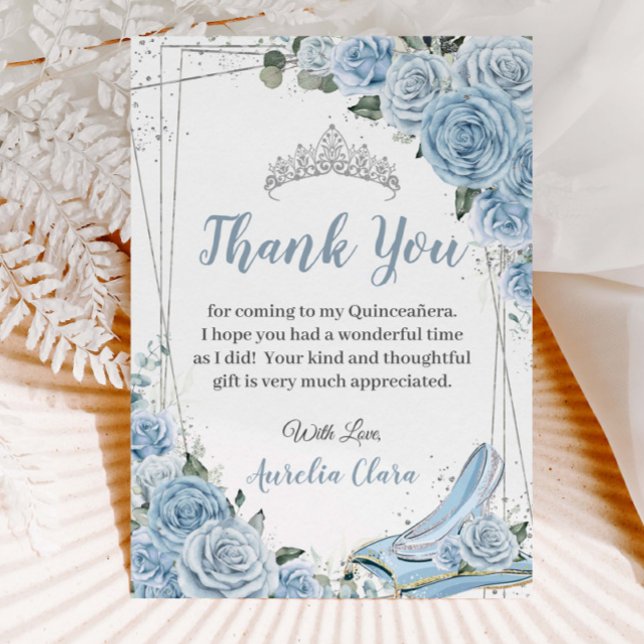 Carte De Remerciements Quinceañera Baby Blue Floral Sweet 16 Cendrillon (Créateur téléchargé)