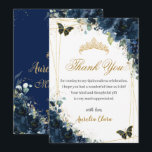 Carte De Remerciements Quinceañera Bleu Marine Floral Papillons Dorés<br><div class="desc">Personnalisez ce charmant remerciement de quinceañera / anniversaire avec vos propres mots facilement et rapidement,  il suffit d'appuyer sur le bouton personnaliser pour réorganiser et formater le style et l'emplacement du texte.  Articles assortis disponibles en magasin !  (c) The Happy Cat Studio</div>
