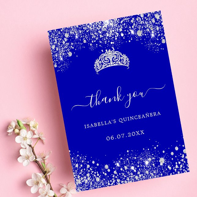 Carte De Remerciements Quinceanera bleu royal argent parties scintillant  (Créateur téléchargé)