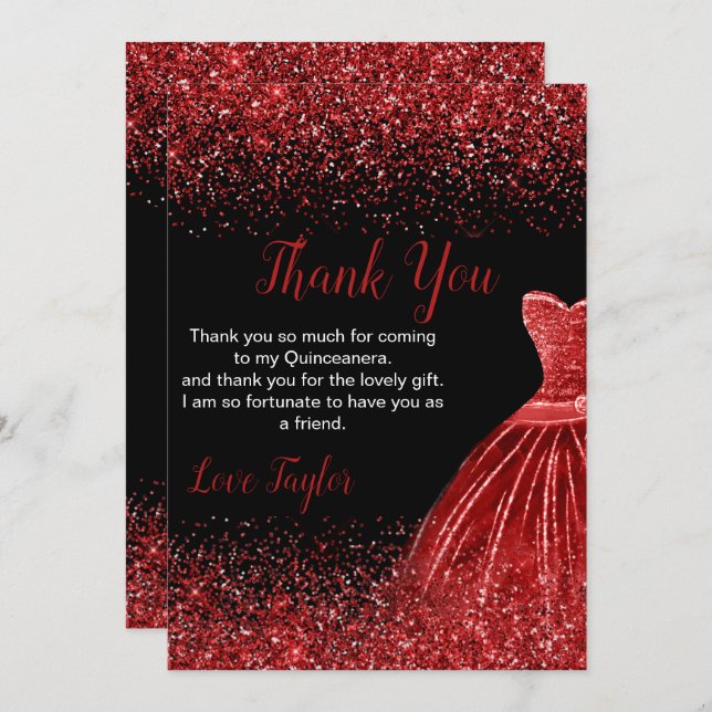 Carte De Remerciements Quinceanera Bright Red Dress Faux Glitter (Devant / Derrière)
