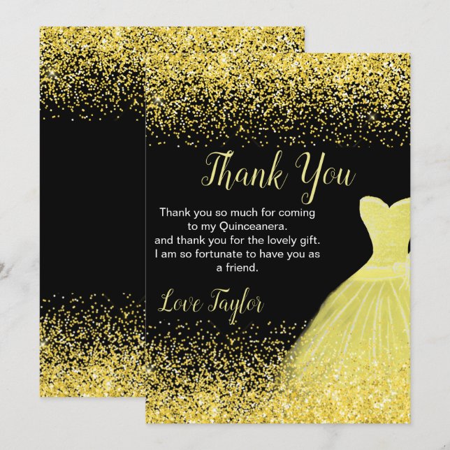 Carte De Remerciements Quinceanera Bright Yellow Dress Faux Glitter (Devant / Derrière)