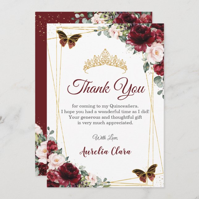 Carte De Remerciements Quinceañera Burgundy Blush Floral Papillons (Devant / Derrière)