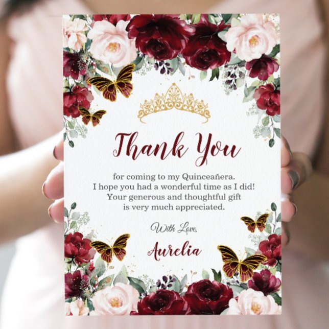 Carte De Remerciements Quinceañera Burgundy Blush Floral Papillons (Créateur téléchargé)
