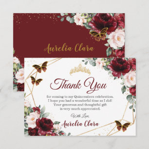 Carte De Remerciements Quinceañera Burgundy Blush Floral Papillons