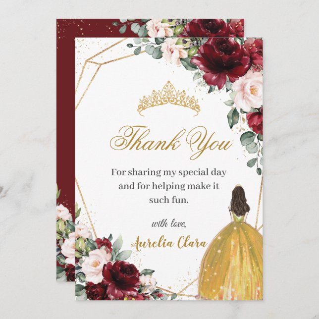 Carte De Remerciements Quinceañera Burgundy Blush Floral Yellow Princess (Devant / Derrière)