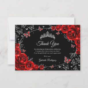Carte De Remerciements Quinceanera d'argent rouge noir