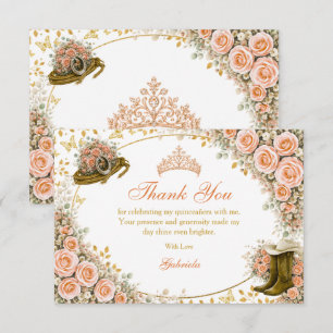 Carte De Remerciements Quinceañera Dorée de Roses de Pêche Occidentales