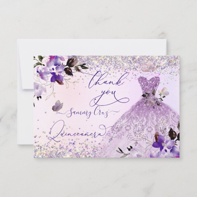 Carte De Remerciements Quinceanera Dusty Lilac Purple Silver Parties scin (Devant)