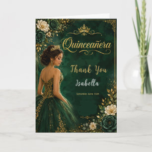 Carte De Remerciements Quinceañera Émeraude et Or