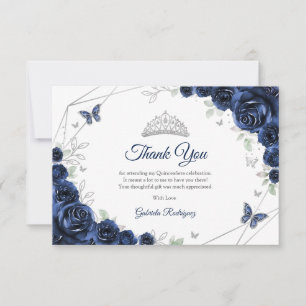 Carte De Remerciements Quinceanera Fleurs Argent Navy