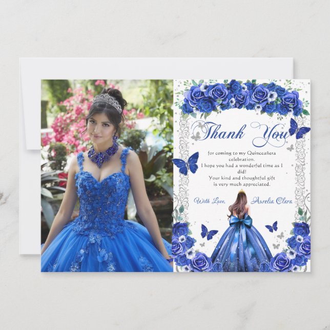 Carte De Remerciements Quinceañera Fleurs Bleues Princesse Papillons Phot (Devant)