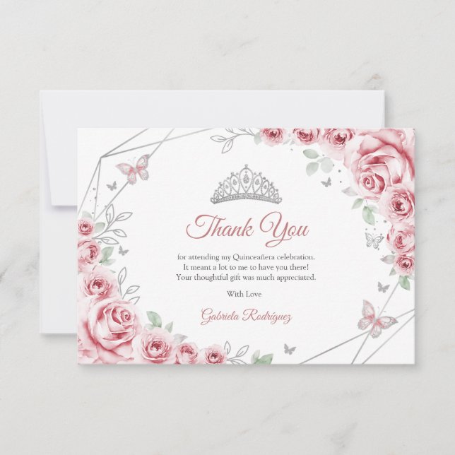 Carte De Remerciements Quinceanera Floral Argent Rose (Devant)