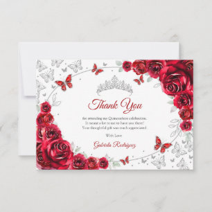 Carte De Remerciements Quinceanera Floral Argent Rouge