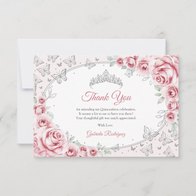Carte De Remerciements Quinceanera Florale Argent Rose (Devant)