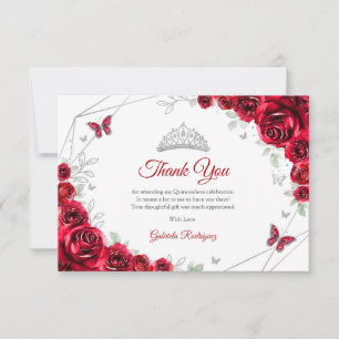 Carte De Remerciements Quinceanera Florale Argent Rouge