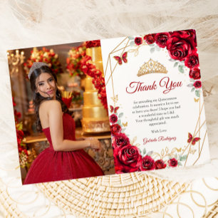 Carte De Remerciements Quinceanera Florale d'or rouge