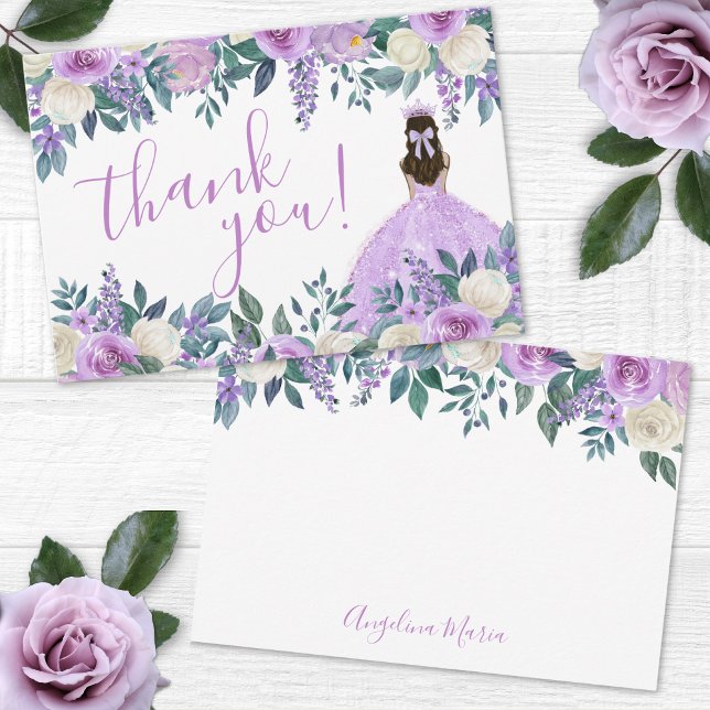 Carte De Remerciements Quinceañera florale pourpre (Floral Purple Quinceañera Thank You Card)