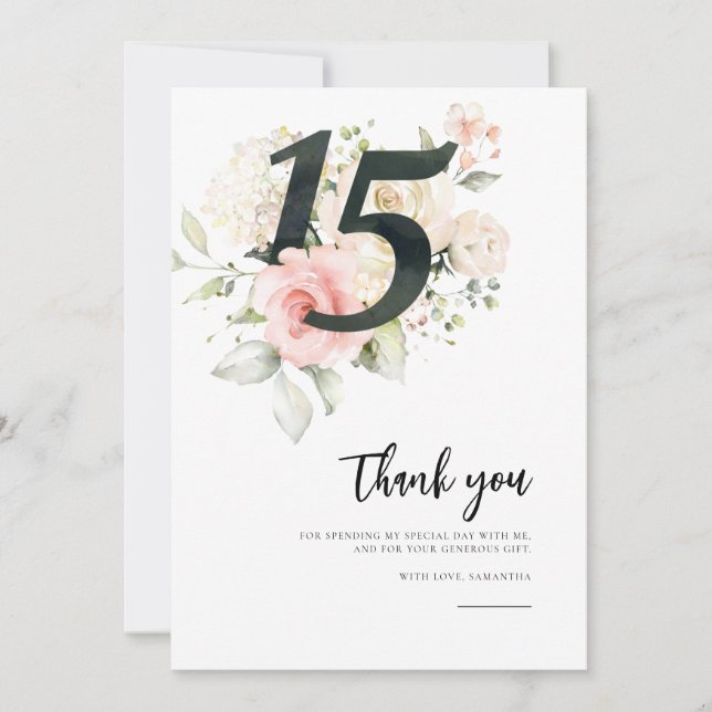 Carte De Remerciements Quinceanera florale rose 15e anniversaire (Devant)