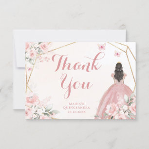 Carte De Remerciements Quinceanera florale rose et or