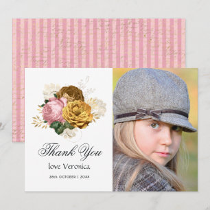 Carte De Remerciements Quinceañera Florale Rose Pâle et Or Vintage