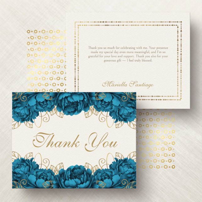 Carte De Remerciements Quinceanera florale turquoise et élégante (Créateur téléchargé)