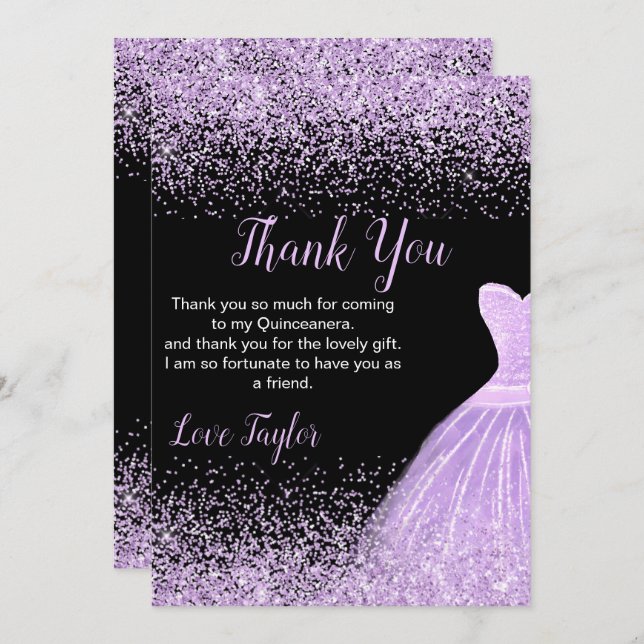 Carte De Remerciements Quinceanera Light Purple Dress Faux Glitter (Devant / Derrière)