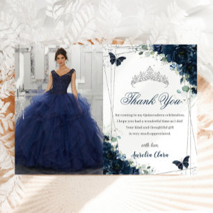 Carte De Remerciements Quinceañera Marine Blue Floral Butterflies Photo