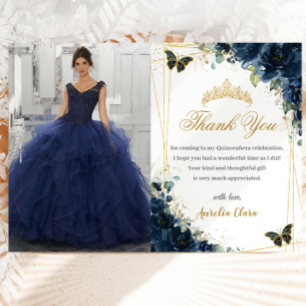 Carte De Remerciements Quinceañera Marine Blue Floral Butterflies Photo