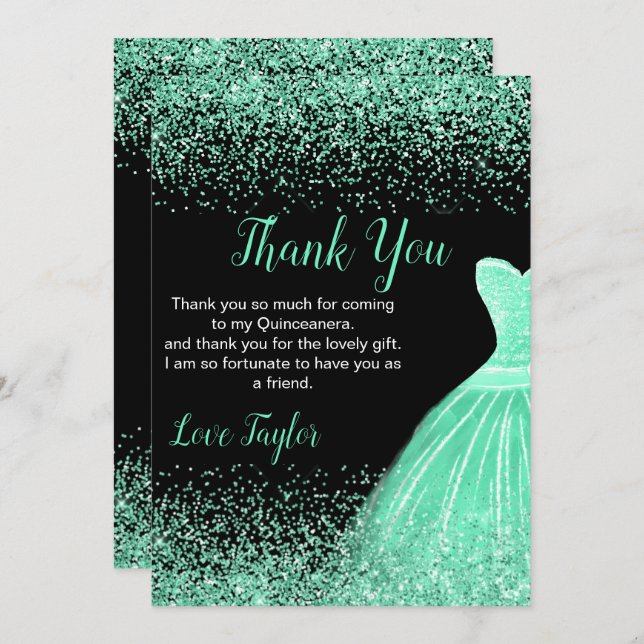 Carte De Remerciements Quinceanera Mint Green Dress Faux Glitter (Devant / Derrière)