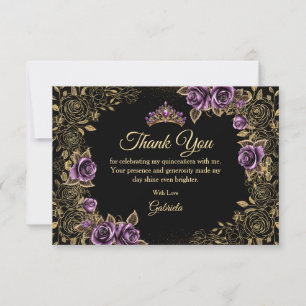 Carte De Remerciements Quinceañera noir et violet Roses couronne dorée  