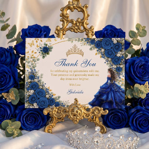 Carte De Remerciements Quinceañera Papillons Dorés Bleu Royal