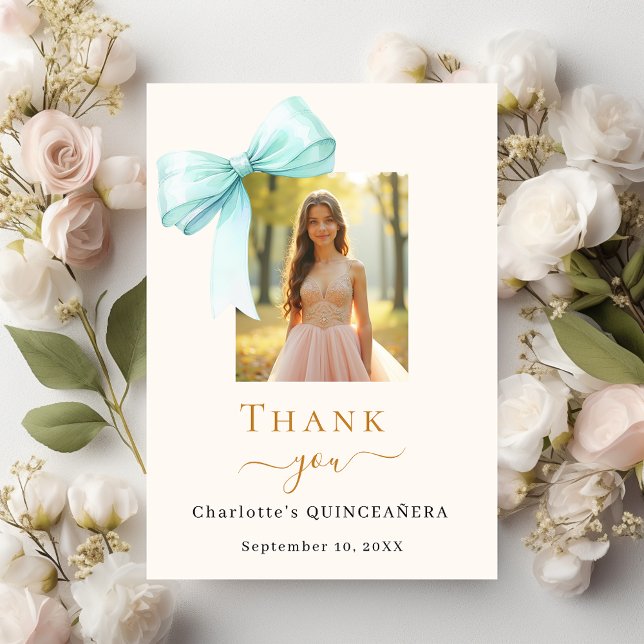 Carte De Remerciements Quinceanera photo bow crème turquoise (Créateur téléchargé)